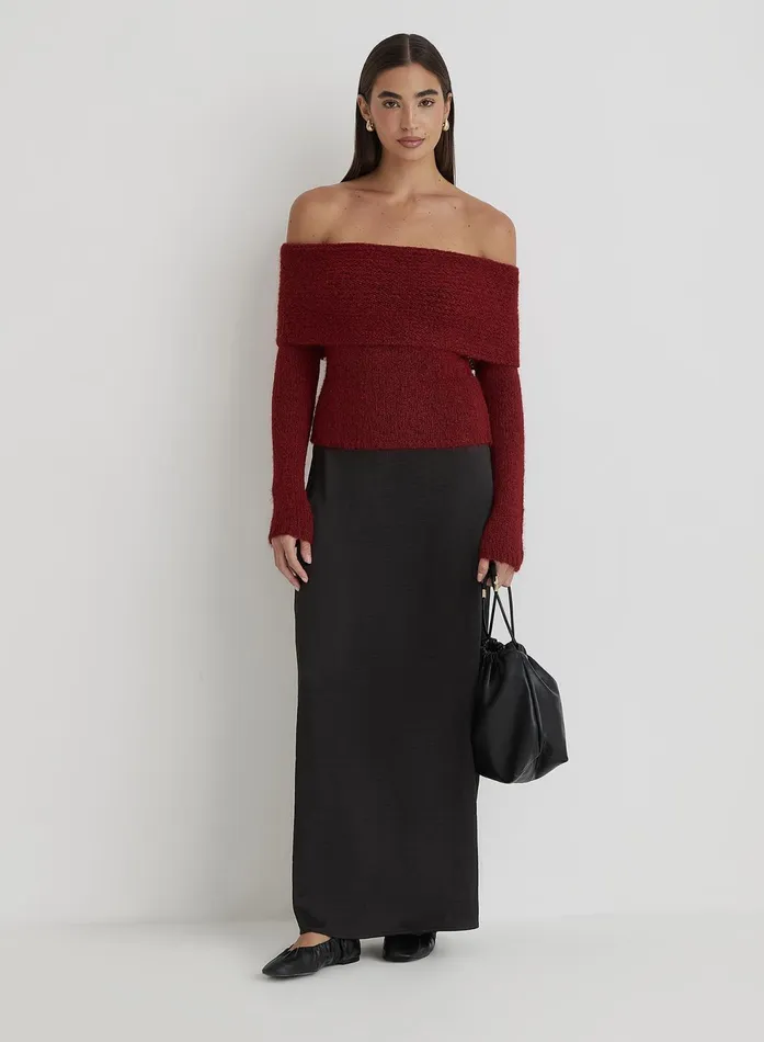 Women Red Knitted Bardot Long Sleeve Top Krissy 4th and Reckless Knitwear