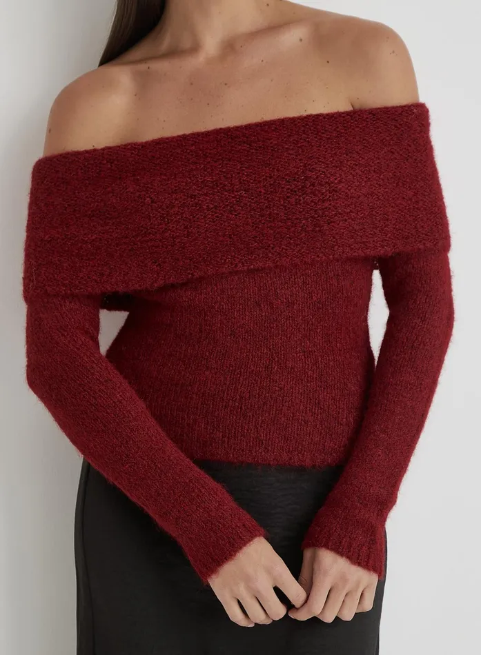 Women Red Knitted Bardot Long Sleeve Top Krissy 4th and Reckless Knitwear