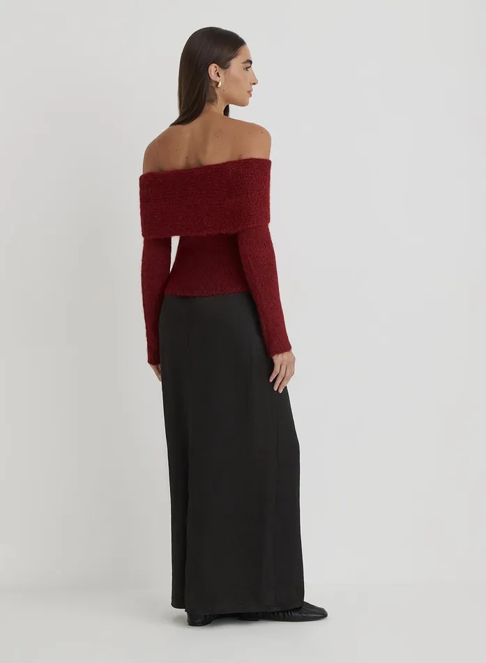 Women Red Knitted Bardot Long Sleeve Top Krissy 4th and Reckless Knitwear