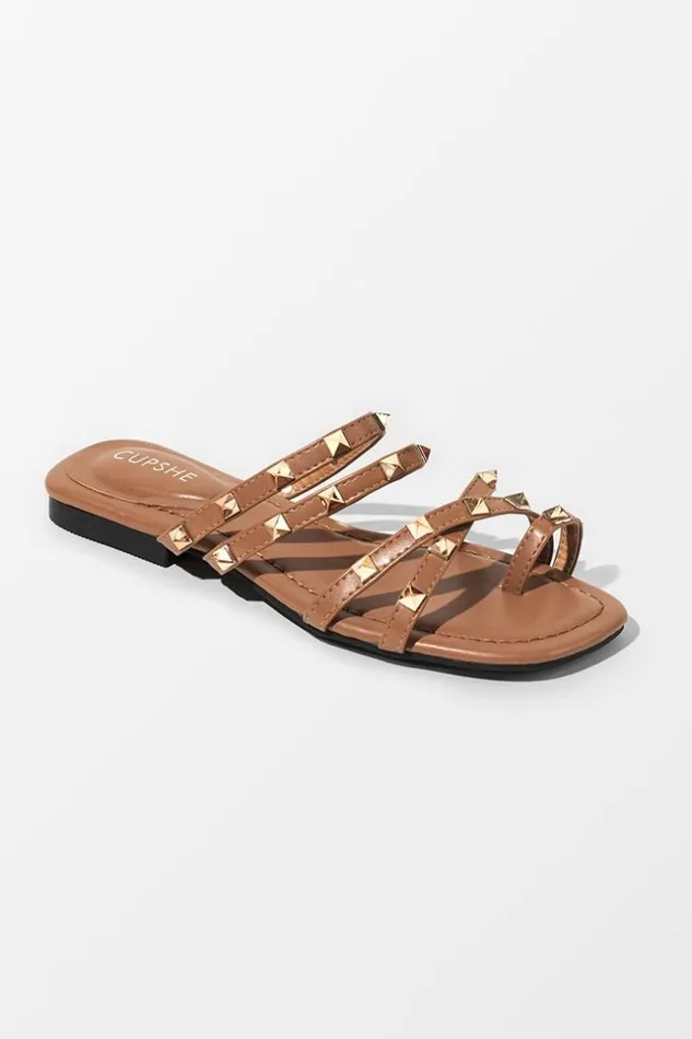 Women Sandals Cupshe Baja Open Toe Studded Flat Sandals Brown