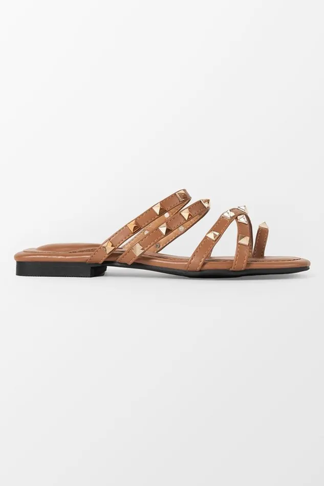 Women Sandals Cupshe Baja Open Toe Studded Flat Sandals Brown