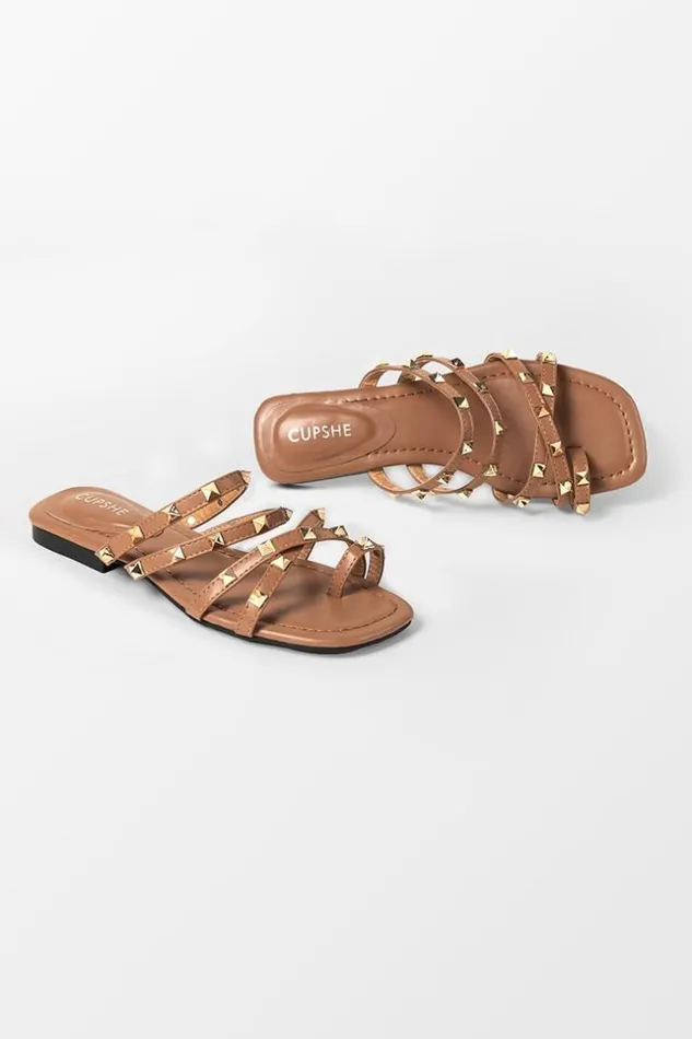 Women Sandals Cupshe Baja Open Toe Studded Flat Sandals Brown