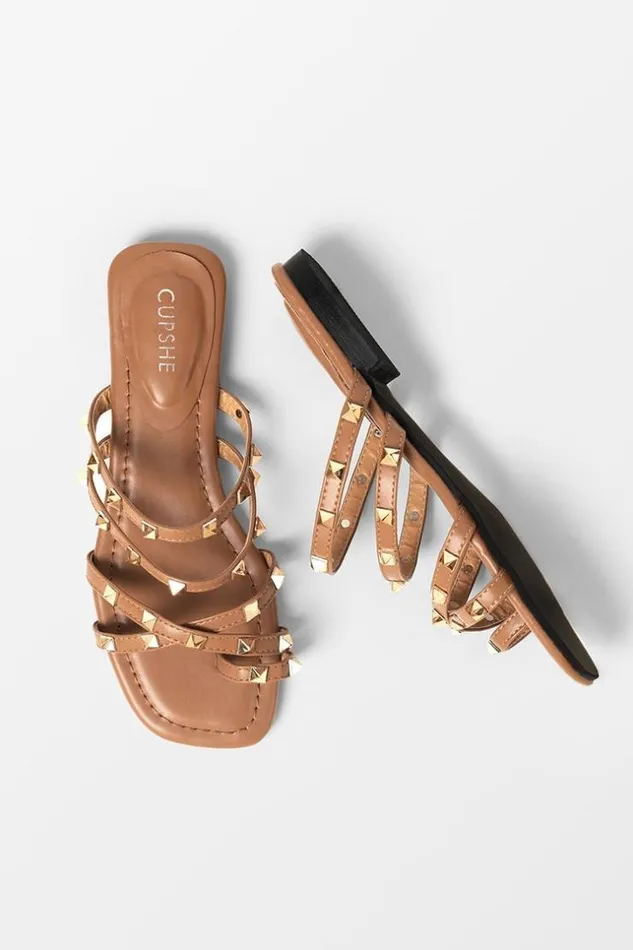 Women Sandals Cupshe Baja Open Toe Studded Flat Sandals Brown