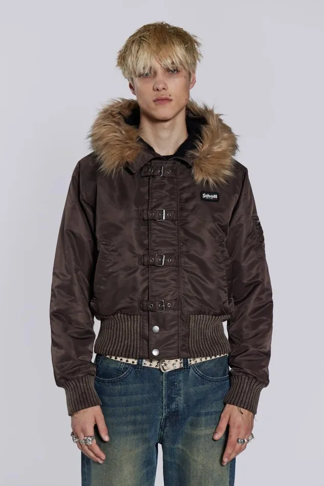 Women Schott Brown MA1 Hooded Bomber Jacket Jaded London Outerwear