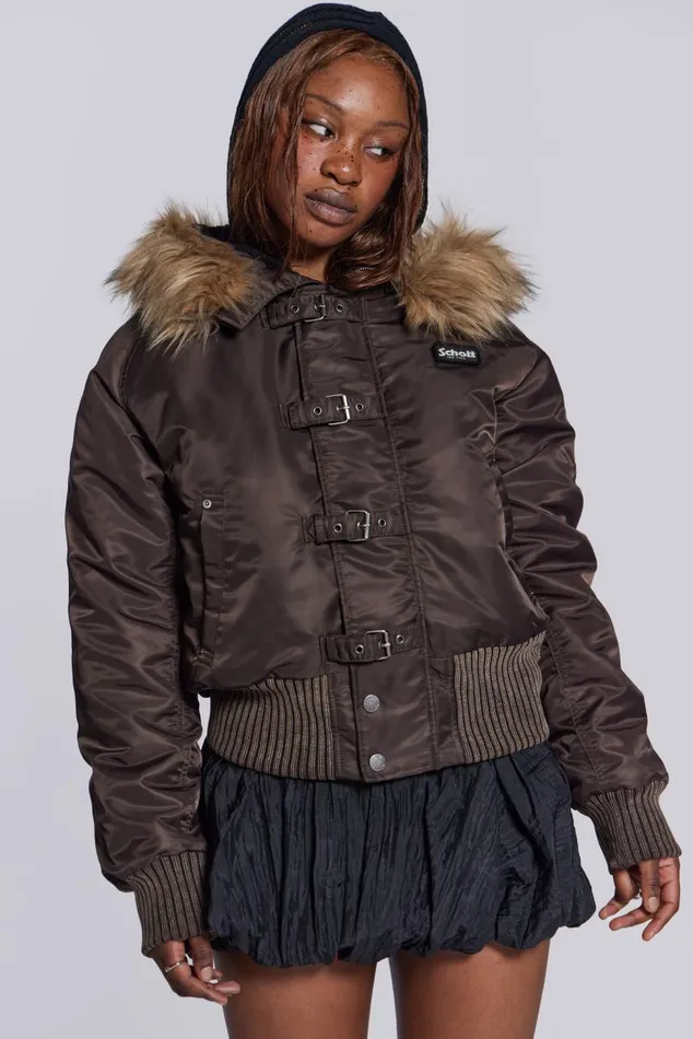 Women Schott Brown MA1 Hooded Bomber Jacket Jaded London Outerwear