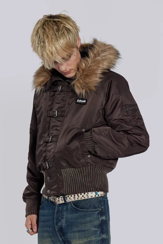 Women Schott Brown MA1 Hooded Bomber Jacket Jaded London Outerwear