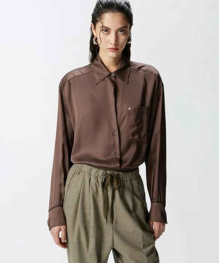 Women Shirts And Blouses Pinko Glossy Shirt With Plunging Neckline Brownafrica Earth Women Shirts And Blouses Pinko Glossy Shirt With Plunging Neckline Brownafrica Earth