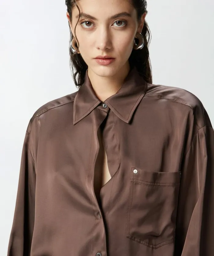 Women Shirts And Blouses Pinko Glossy Shirt With Plunging Neckline Brownafrica Earth Women Shirts And Blouses Pinko Glossy Shirt With Plunging Neckline Brownafrica Earth