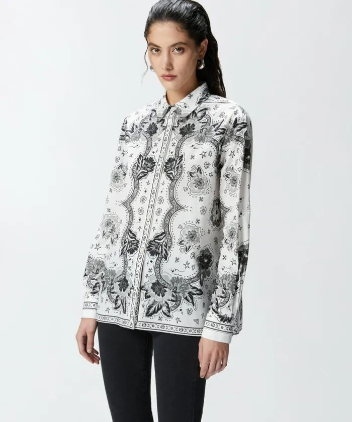 Women Shirts And Blouses Pinko Poplin Shirt With Bandannastyle Floral Print Multi Whiteblack Women Shirts And Blouses Pinko Poplin Shirt With Bandannastyle Floral Print Multi Whiteblack