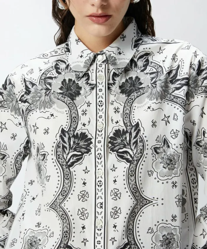 Women Shirts And Blouses Pinko Poplin Shirt With Bandannastyle Floral Print Multi Whiteblack Women Shirts And Blouses Pinko Poplin Shirt With Bandannastyle Floral Print Multi Whiteblack