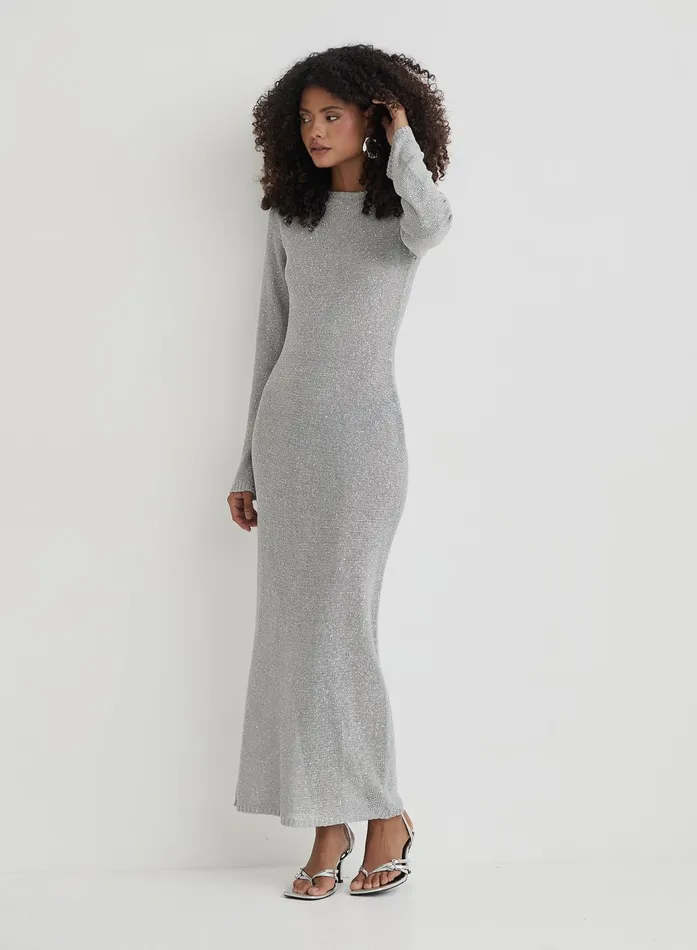 Women Silver Sequin Knitted Maxi Dress Sisca 4th and Reckless Knitwear