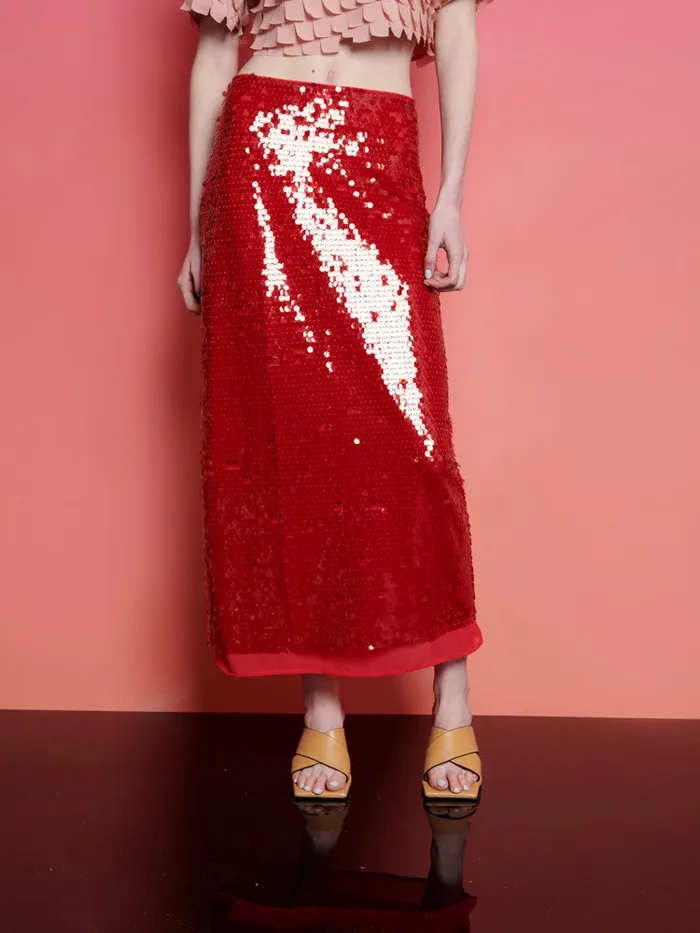 Women Sister Jane Bottoms Ghospell Christina Sequin Midi Skirt Carmin Red