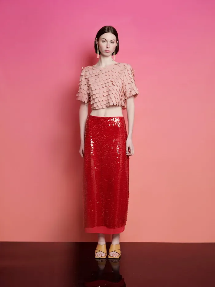 Women Sister Jane Bottoms Ghospell Christina Sequin Midi Skirt Carmin Red