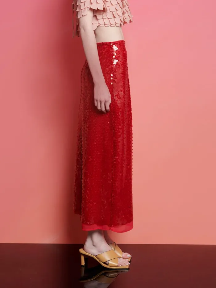 Women Sister Jane Bottoms Ghospell Christina Sequin Midi Skirt Carmin Red