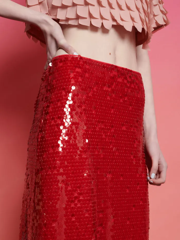 Women Sister Jane Bottoms Ghospell Christina Sequin Midi Skirt Carmin Red