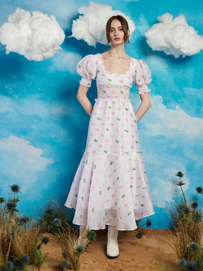 Women Sister Jane Dresses Folk Bow Jacquard Dress Pearl White