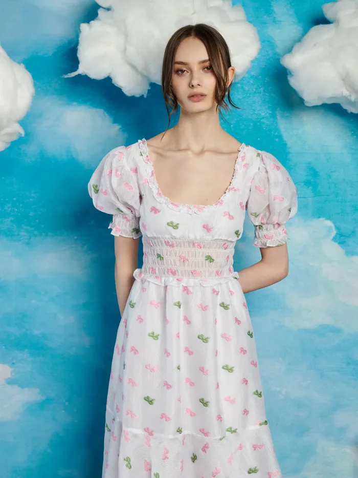 Women Sister Jane Dresses Folk Bow Jacquard Dress Pearl White