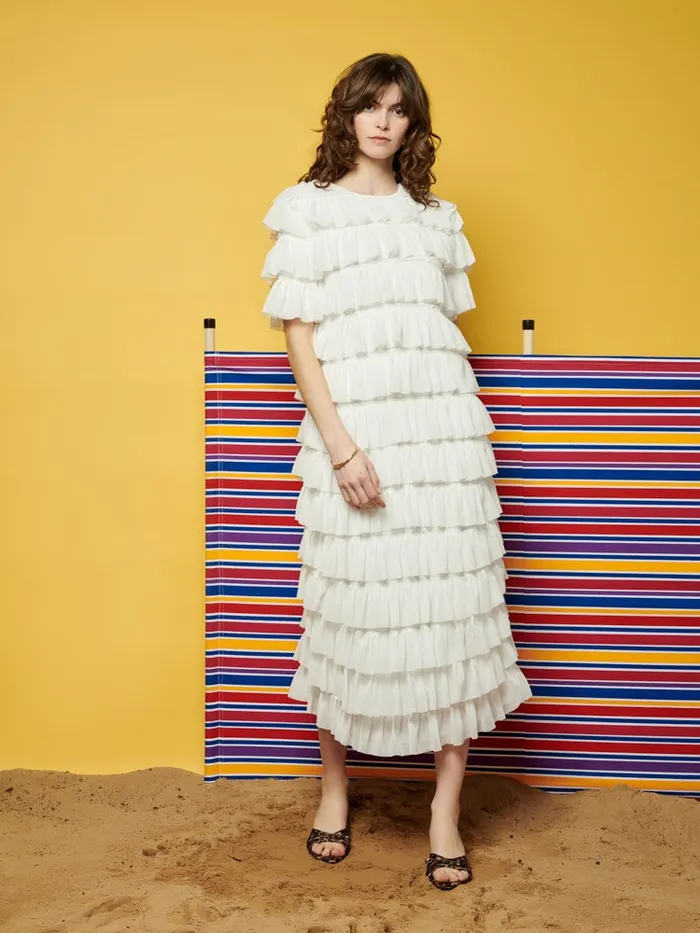 Women Sister Jane Dresses Ghospell Angelica Ruffled Midi Dress Pearled White