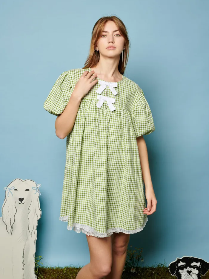 Women Sister Jane Dresses Pet Gingham Mini Dress Fern Green Check