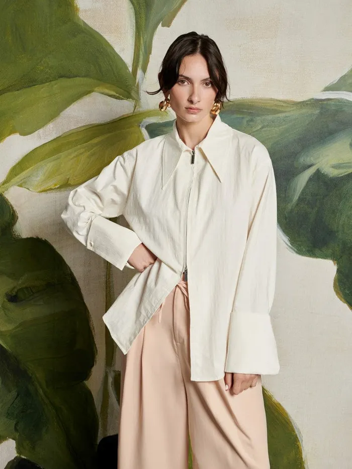 Women Sister Jane Tops Ghospell Lux Zip Front Shirt White Cream
