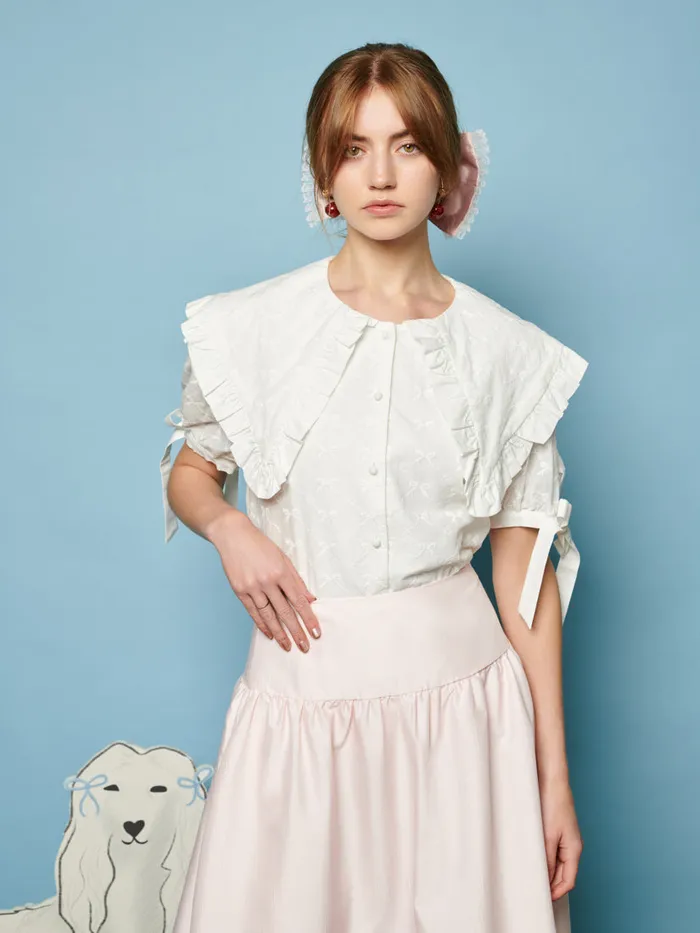 Women Sister Jane Tops Poodle Bow Embroidered Blouse Pearled Ivory