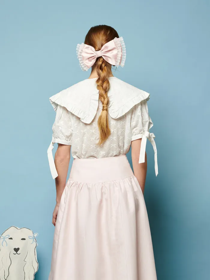 Women Sister Jane Tops Poodle Bow Embroidered Blouse Pearled Ivory
