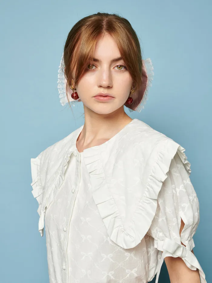Women Sister Jane Tops Poodle Bow Embroidered Blouse Pearled Ivory