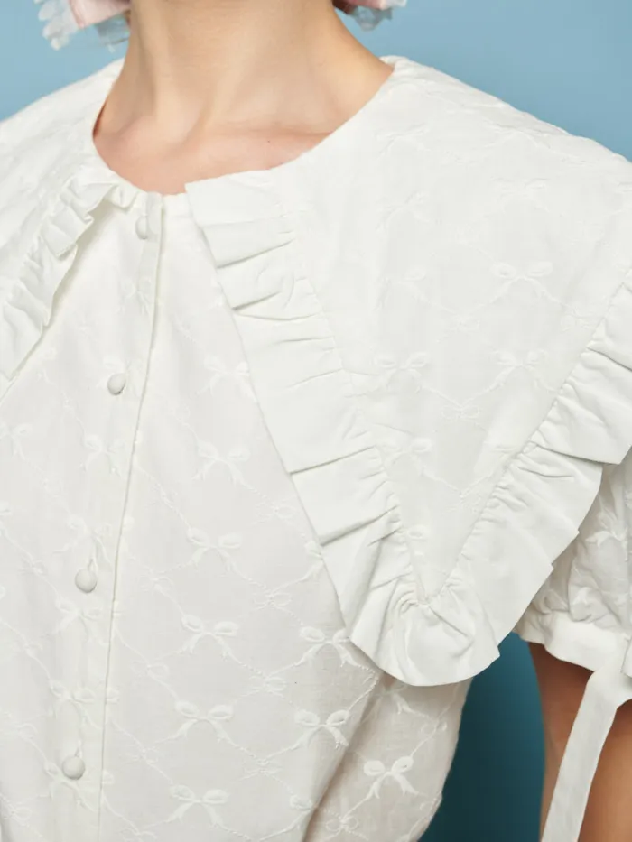 Women Sister Jane Tops Poodle Bow Embroidered Blouse Pearled Ivory