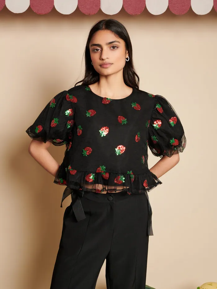 Women Sister Jane Tops Strawberry Sequin Top Coal Black