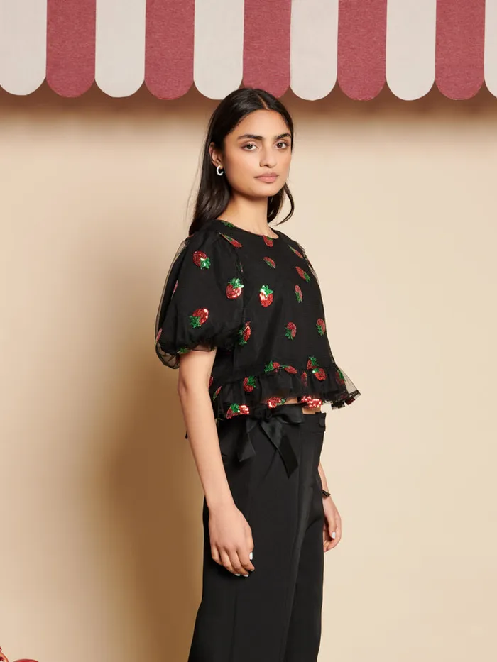 Women Sister Jane Tops Strawberry Sequin Top Coal Black