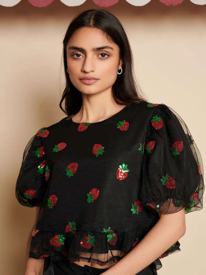 Women Sister Jane Tops Strawberry Sequin Top Coal Black