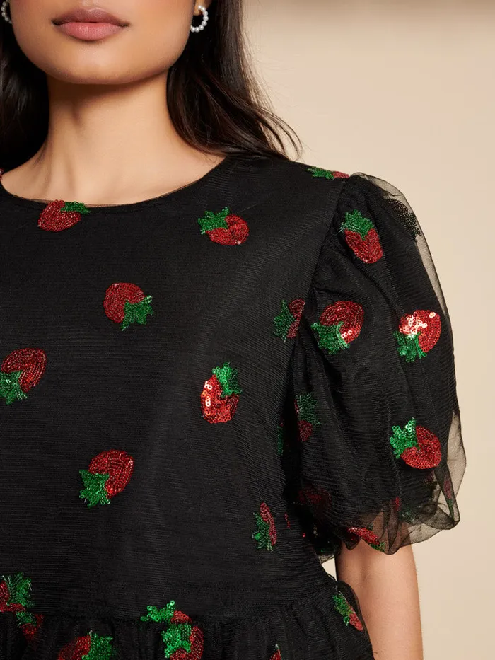 Women Sister Jane Tops Strawberry Sequin Top Coal Black
