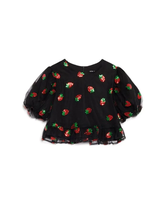 Women Sister Jane Tops Strawberry Sequin Top Coal Black