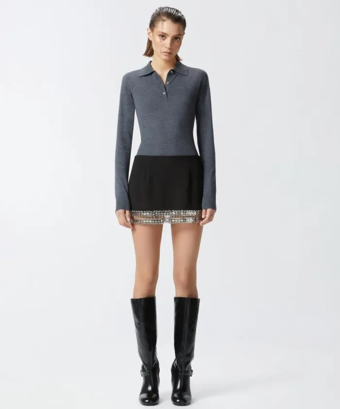 Women Skirts Pinko Crepe Mini Skirt With Metallic Embroidery At The Bottom Limo Black