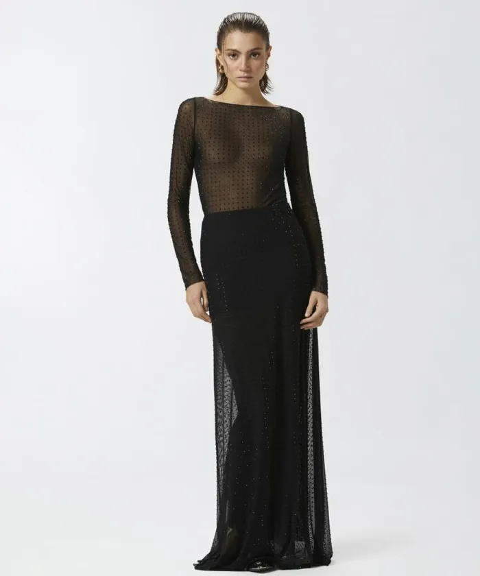 Women Skirts Pinko Fully Rhinestoned Long Tulle Skirt Limo Black