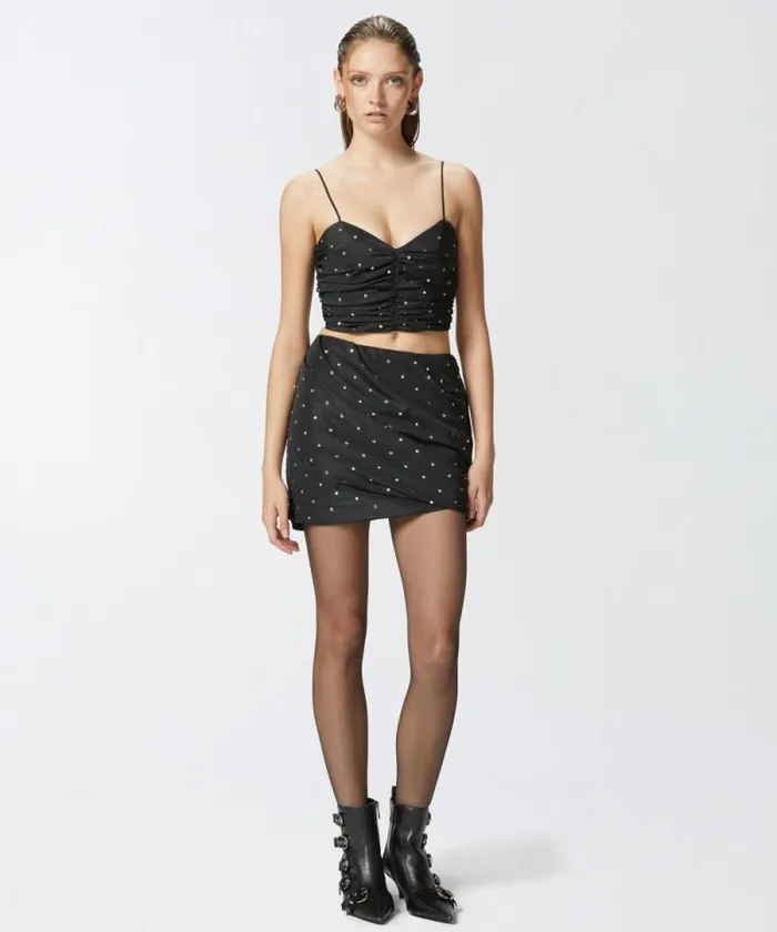 Women Skirts Pinko Gathered Mini Skirt With Studs And Rhinestones Limo Black