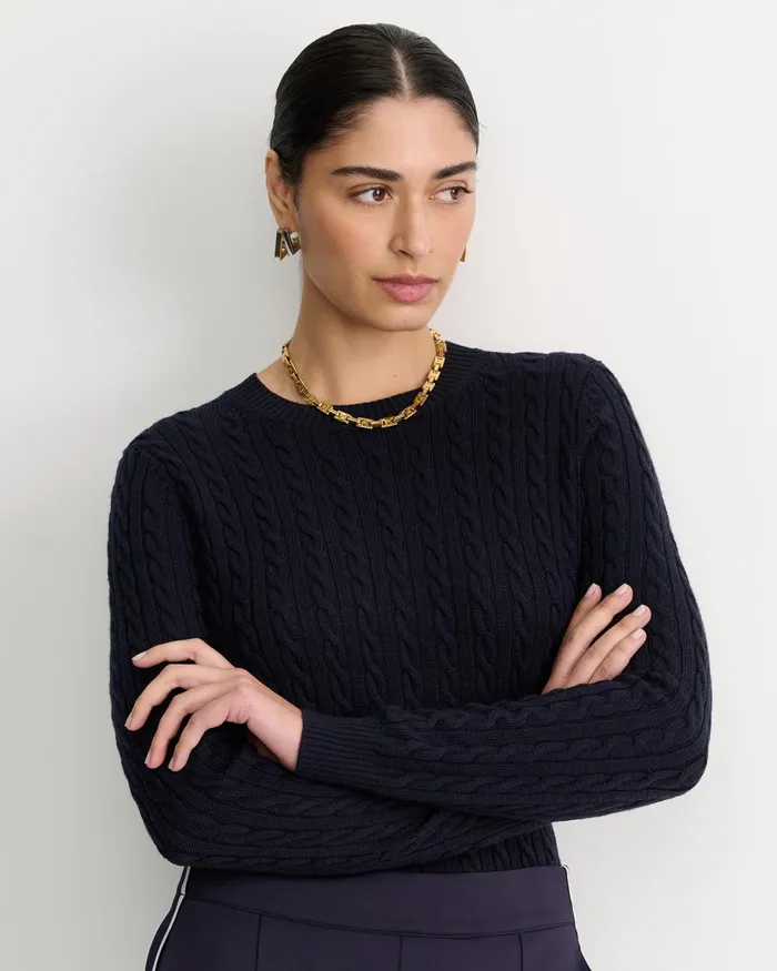 Women Sportscraft Knits and Cardigans Merino Wool Baby Cable Sweater Navy