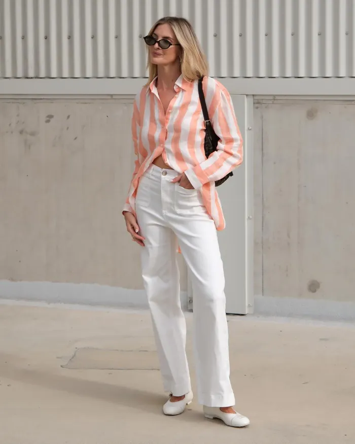Women Sportscraft Shirts Callie Stripe Long Sleeve Linen Shirt Orangewhite