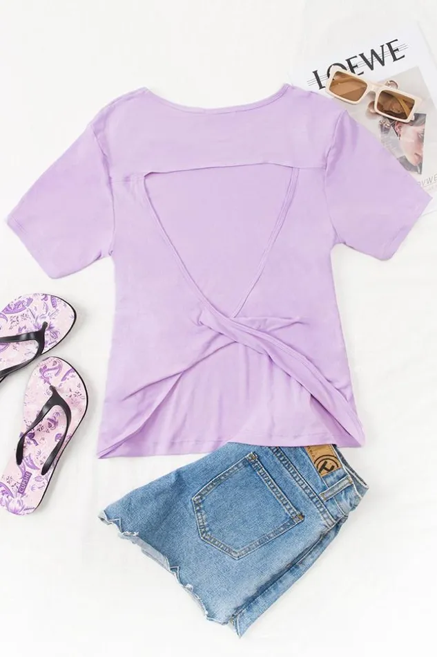 Women Sweatshirts and Hoodies Cupshe Malaga Round Neck Cut Out Short Sleeve Sweatshirt Purple