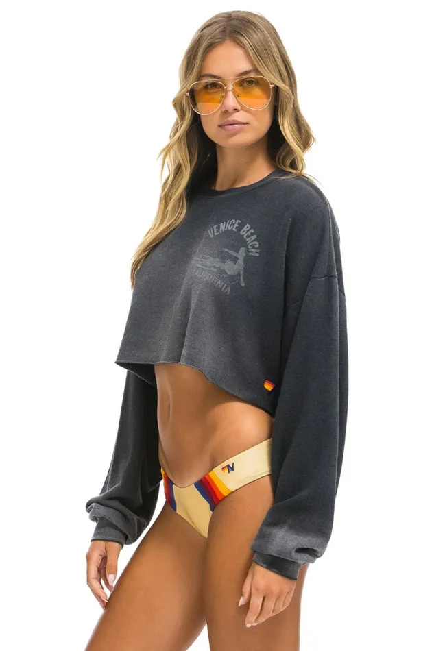 Women Sweatshirts Aviator Nation Venice Surfer Cropped Crew Sweatshirt Relaxed 8211 Faded Smoke