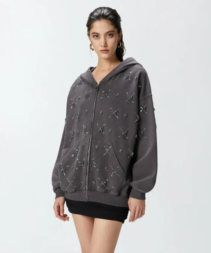 Women Sweatshirts Pinko Hoodie With Jewel Embroidery Grey
