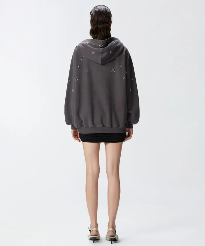 Women Sweatshirts Pinko Hoodie With Jewel Embroidery Grey Women Sweatshirts Pinko Hoodie With Jewel Embroidery Grey