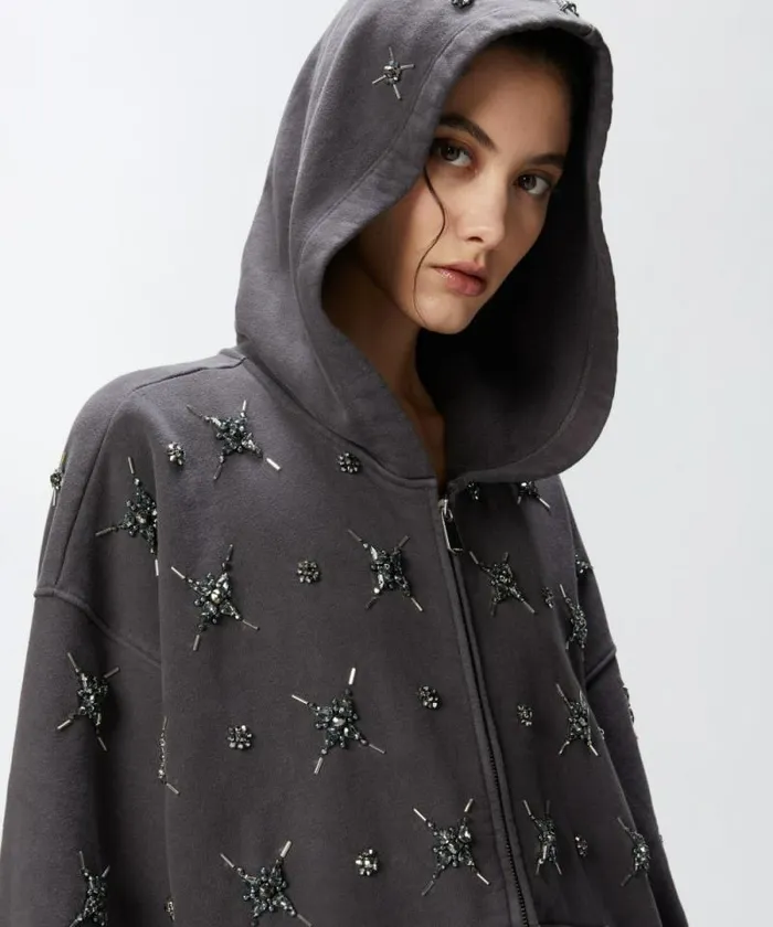 Women Sweatshirts Pinko Hoodie With Jewel Embroidery Grey Women Sweatshirts Pinko Hoodie With Jewel Embroidery Grey