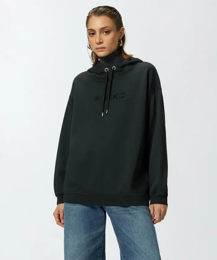 Women Sweatshirts Pinko Sweatshirt With Logo Embroidery And Hood Caviar Black