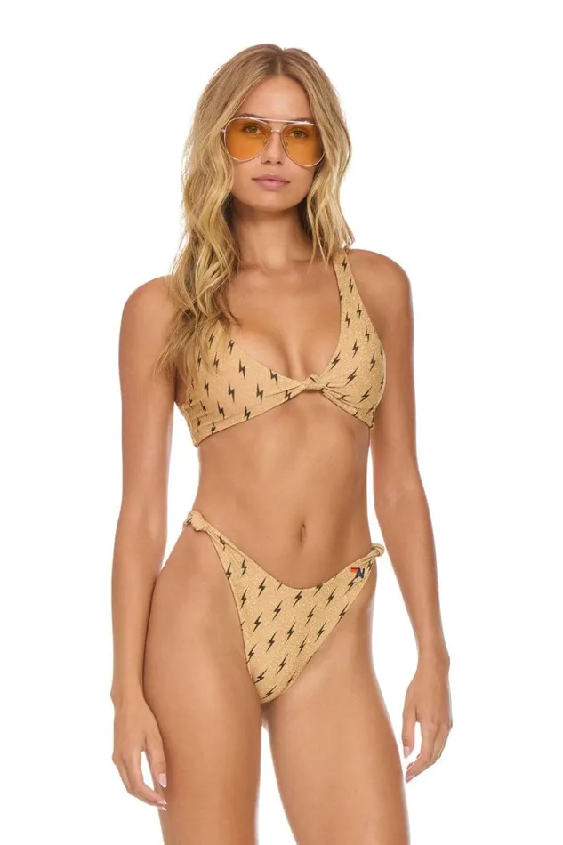 Women Swim Bottoms Aviator Nation Sparkle Riviera Knot Cheeky Bikini Bottoms 8211 Black Bolt Repeat