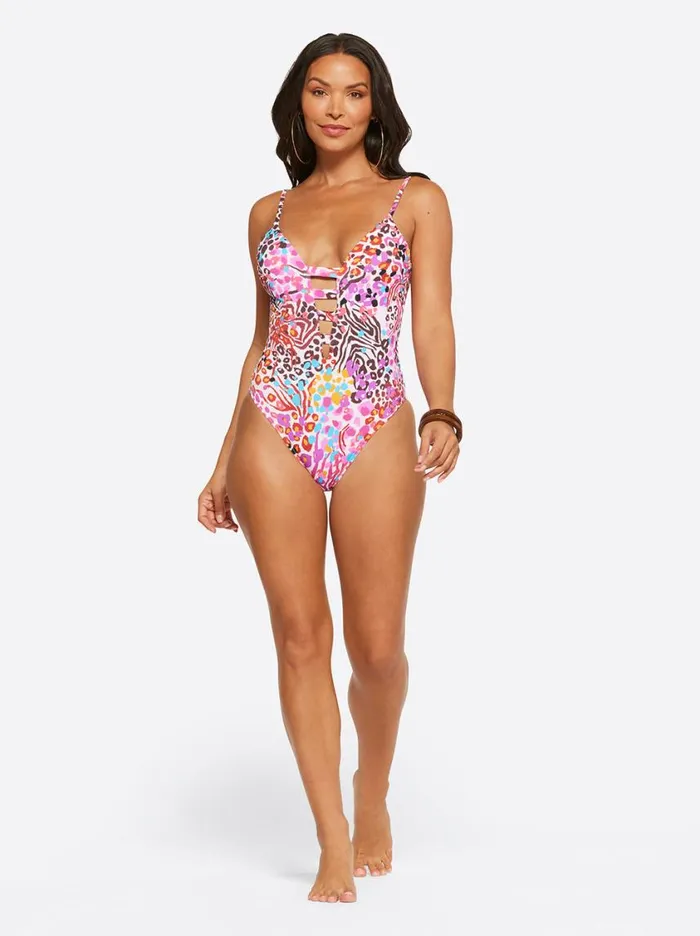 Women Swim Jessica Simpson French Exit Plunge One Piece In Pink Multi
