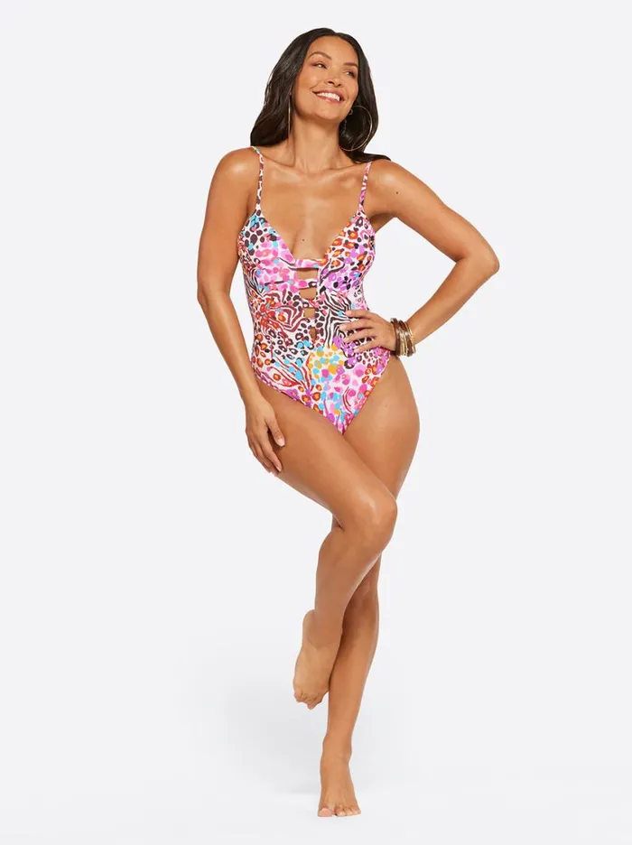 Women Swim Jessica Simpson French Exit Plunge One Piece In Pink Multi