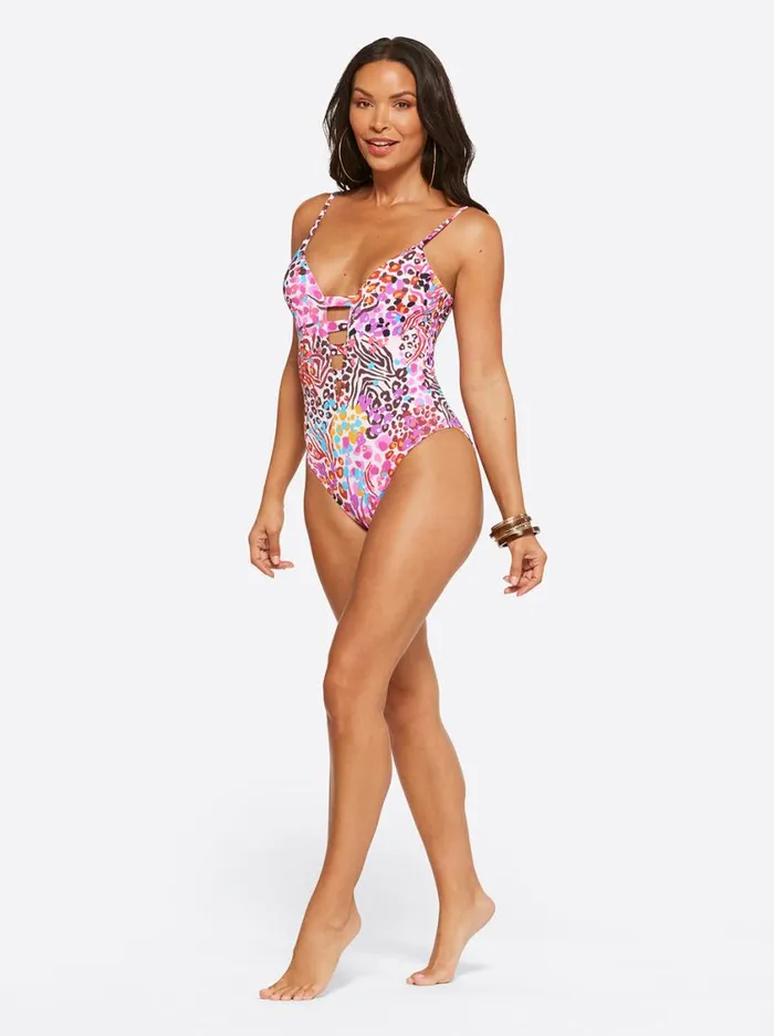 Women Swim Jessica Simpson French Exit Plunge One Piece In Pink Multi