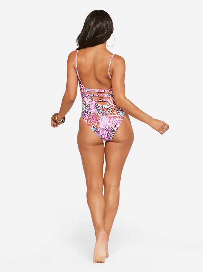 Women Swim Jessica Simpson French Exit Plunge One Piece In Pink Multi