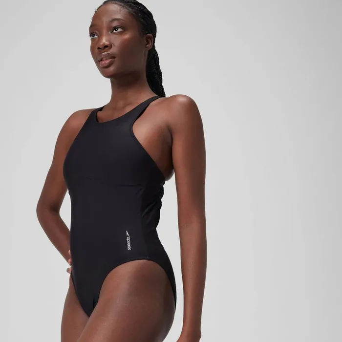 Women Swimming Costumes Speedo Women039s Solid Highneck Swimsuit Dark Grey
